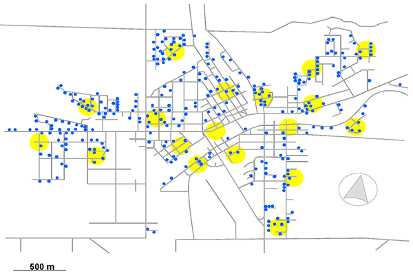 Fig. 2-2: Location of homes sampled in Wallaceburg, Ontario, Canada (blue dots). Outdoor air samples were additionally collected at a number of sites throughout the town (locations indicated by yellow circles).
